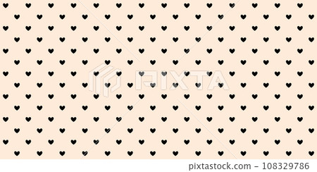 Black hearts seamless pattern on beige background. Valentines polka dot repeating wallpaper. Heart-shaped decorative texture for textile, fabric, cover, poster, banner, print, card. Vector backdrop Black hearts seamless pattern on beige background. Valentines polka dot repeating wallpaper. Heart-shaped decorative texture for textile, fabric, cover, poster, banner, print, card. Vector backdrop 108329786