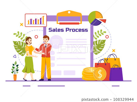 Sales Process Vector Illustration with Steps of Communication for Attracting New Customers and Making profit in Business Strategy Flat Background Sales Process Vector Illustration with Steps of Communication for Attracting New Customers and Making profit in Business Strategy Flat Background 108329944