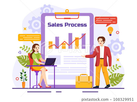 Sales Process Vector Illustration with Steps of Communication for Attracting New Customers and Making profit in Business Strategy Flat Background 108329951