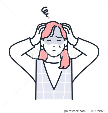 A simple vector illustration of a stylish young woman holding her head and worrying. A simple vector illustration of a stylish young woman holding her head and worrying. 108329978