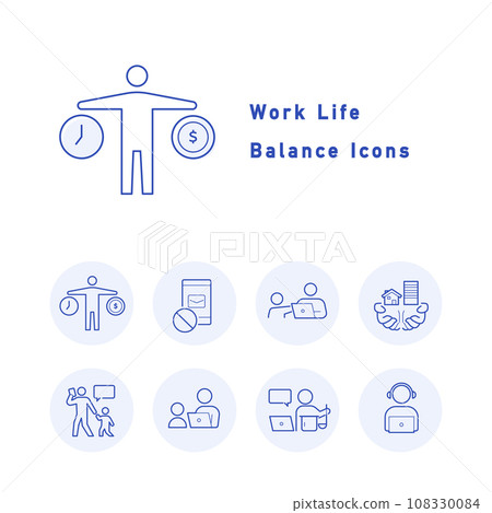 一組與工作與生活平衡和工作方式改革相關的圖標插圖（圓形、彩色） 108330084