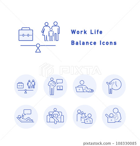 一組與工作與生活平衡和工作方式改革相關的圖標插圖（圓形、彩色） 108330085