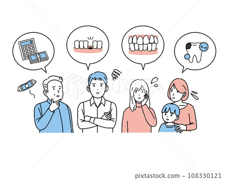患有牙齒不整齊和蛀牙等牙齒疾病的人的插圖 108330121