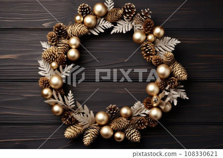 Christmas Wreath with golden balls on a wooden background. Christmas Wreath with golden balls on a wooden background. 108330621