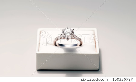 Diamond engagement ring in white box on grey background. Round diamond in four prong setting. White gold band with filigree design. Perfect for themes of love, romance and marriage. 108330787