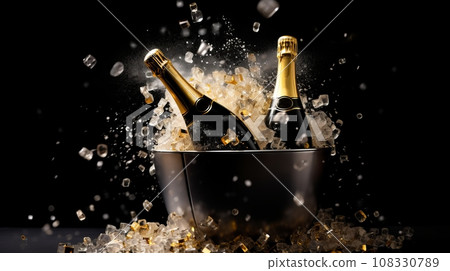 A dynamic photo of two champagne bottles in an ice bucket with flying ice cubes and a black background. 108330789