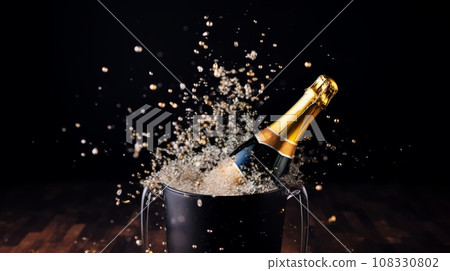 A stunning photo of a champagne bottle in an ice bucket with gold confetti and a black background. 108330802