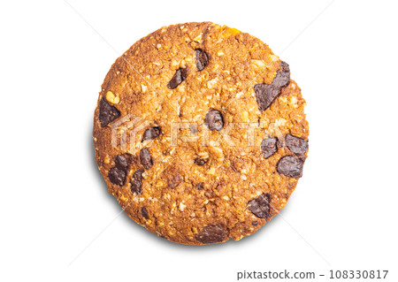 Top view single delicious homemade crunchy oatmeal biscuits with chocolate chips. 108330817