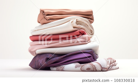 Colorful and patterned fabrics on white background. Stack of folded fabrics in various colors and patterns. Floral, geometric and abstract designs. Great for themes of art, craft and culture. Colorful and patterned fabrics on white background. Stack of folded fabrics in various colors and patterns. Floral, geometric and abstract designs. Great for themes of art, craft and culture. 108330818