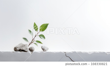 A plant growing between two rocks on a cracked surface. This image shows the resilience and vitality of nature. The plant has three green leaves and a thin stem, contrasting with the white and jagged 108330821