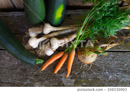 Assortment of freshly harvested farm vegetables in a flat lay 108330903