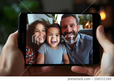 "Smiles of beloved family members reflected on smartphone screen" <Image generation AI> 108331380