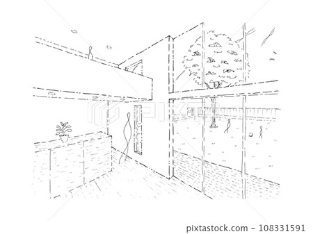 從中庭客廳俯瞰花園的想像手繪室內視角 從中庭客廳俯瞰花園的想像手繪室內視角 108331591