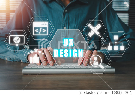 UX design concept, Person hand typing on keyboad computer with UX design icon on virtual screen. 108331764