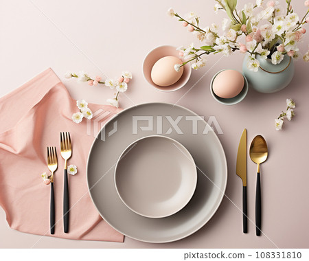 AI-generated content. Pink aesthetic Easter floral table setting 108331810