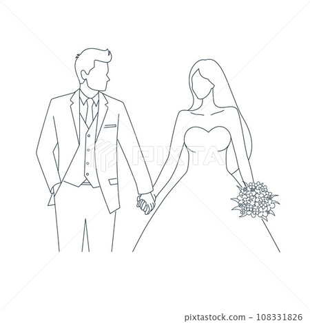 Happy wedding bride and groom at wedding ceremony. Beautiful wedding couple in wedding clothes, couple with beauty wedding bouquet line art 108331826