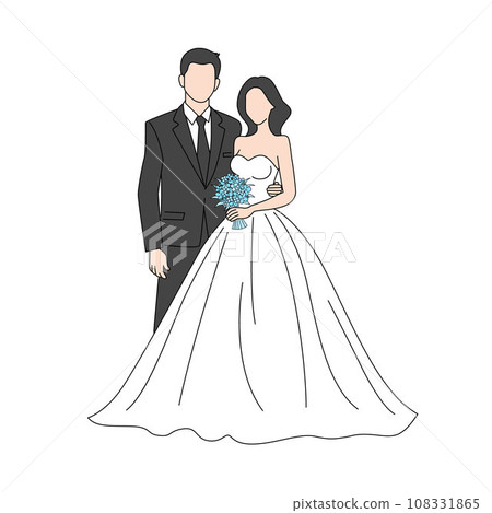 Happy wedding bride and groom at wedding ceremony. Beautiful wedding couple in wedding clothes , couple with beauty wedding bouquet vector illustration Happy wedding bride and groom at wedding ceremony. Beautiful wedding couple in wedding clothes , couple with beauty wedding bouquet vector illustration 108331865