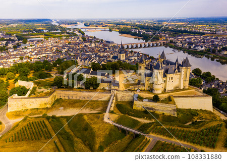 Aerial view of the city of Saumur and medieval castle Saumur on the banks of the Loire river 108331880