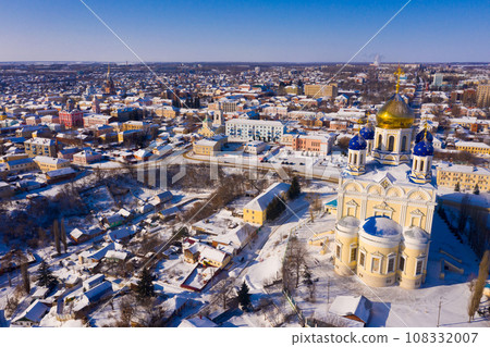 Aerial view of Yelets winter cityscape and Ascension Cathedral Aerial view of Yelets winter cityscape and Ascension Cathedral 108332007