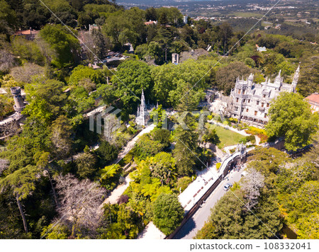 Quinta da Regaleira palace in the municipality of Sintra. Panoramic view from drone. Portugal Quinta da Regaleira palace in the municipality of Sintra. Panoramic view from drone. Portugal 108332041