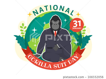 National Gorilla Suit Day Vector Illustration on 31 January with has the Head of a Gorillas is Dressed Neatly in a Suits and World Map in Background National Gorilla Suit Day Vector Illustration on 31 January with has the Head of a Gorillas is Dressed Neatly in a Suits and World Map in Background 108332056