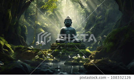 Buddha statue mediating with waterfall background. Magha Puja, Asanha Puja, and Visakha Puja Day. Buddhist holiday Concept. Generative Ai. 108332126