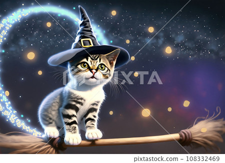 kitten Witch Hat, sitting on a broom 108332469