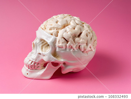 Skull with cauliflower brain against vivid pink background Skull with cauliflower brain against vivid pink background 108332493