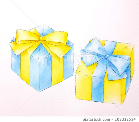 Box wrapped in yellow and light blue ribbons Box wrapped in yellow and light blue ribbons 108332554