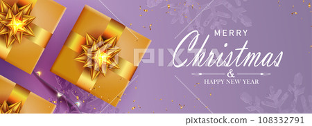 Christmas composition, rectangular golden frame, gift boxes with bow 108332791
