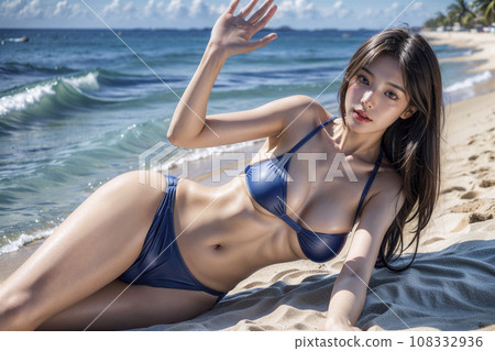 一個穿著泳衣的女人躺在沙灘上（AI 生成的圖像） 108332936