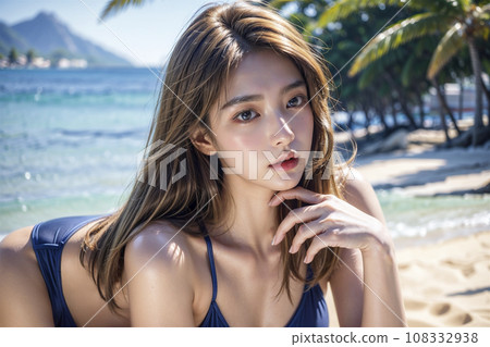 一個穿著泳衣的女人躺在沙灘上（AI 生成的圖像） 108332938