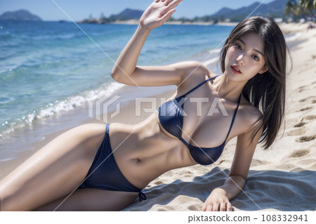 一個穿著泳衣的女人躺在沙灘上（AI 生成的圖像） 108332941