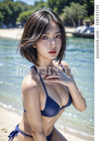 一位穿著泳衣的女人在海灘拍攝的凹版照片（AI 生成的圖像） 108333145