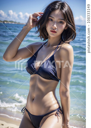 一位穿著泳衣的女人在海灘拍攝的凹版照片(AI 生成的圖像) 一位穿著泳衣的女人在海灘拍攝的凹版照片(AI 生成的圖像) 108333149