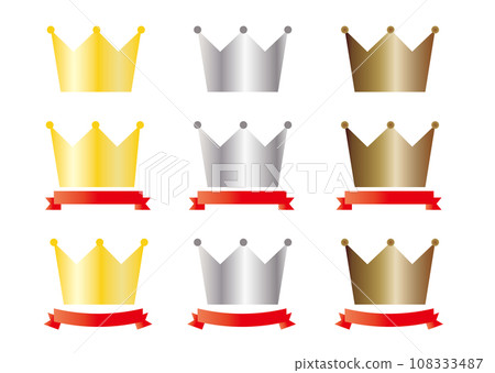 Set of gold silver bronze crown and red ribbon Set of gold silver bronze crown and red ribbon 108333487