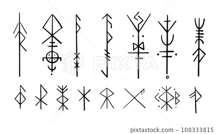 Nordic celtic runes, set norse protection symbols in doodle style, amulet, witchcraft signs on white background. Nordic celtic runes, set norse protection symbols in doodle style, amulet, witchcraft signs on white background. 108333815