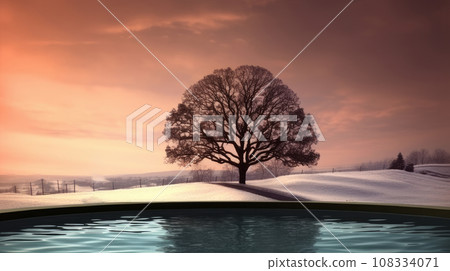 Swimming pool, tree and snow in an ecological hotel chalet at an alpine ski resort Swimming pool, tree and snow in an ecological hotel chalet at an alpine ski resort 108334071