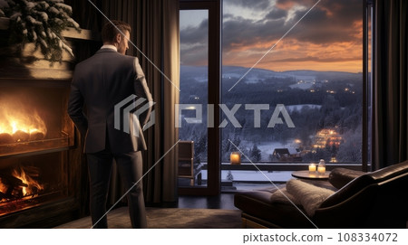Male businessman in a luxurious room with panoramic windows Male businessman in a luxurious room with panoramic windows 108334072