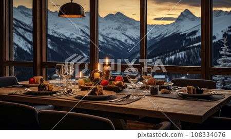 Dinner or breakfast in a restaurant with panoramic windows  108334076
