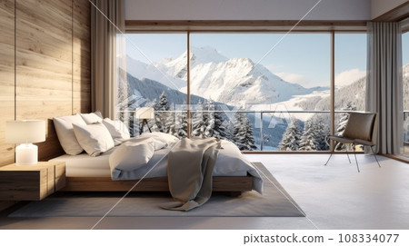 Bedroom in a luxury hotel in the middle of winter and mountains Bedroom in a luxury hotel in the middle of winter and mountains 108334077