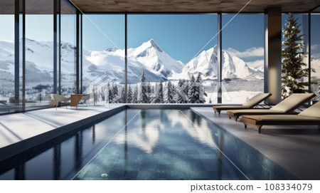 Swimming pool with panoramic windows in an ecological chalet hotel at an alpine ski resort Swimming pool with panoramic windows in an ecological chalet hotel at an alpine ski resort 108334079