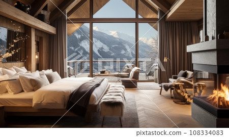 Bedroom in a luxury hotel in the middle of winter and mountains 108334083