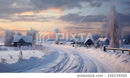 A small, cozy, homely house in a village surrounded by a snow-covered landscape of beautiful A small, cozy, homely house in a village surrounded by a snow-covered landscape of beautiful 108334088