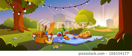 Sunset park with picnic basket cartoon background Sunset park with picnic basket cartoon background 108334177