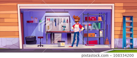 Young man stands at entrance to garage 108334200