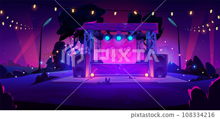 Open air music festival stage at night. Open air music festival stage at night. 108334216