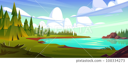 River landscape with green forest 108334273