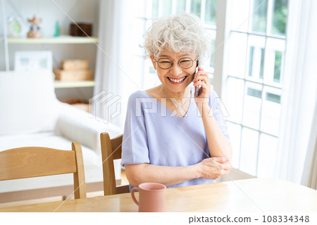 Senior woman making a phone call in the living room 108334348