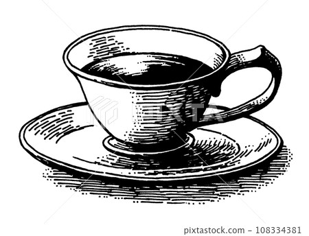 Antique pen drawing cup and saucer with tea 108334381